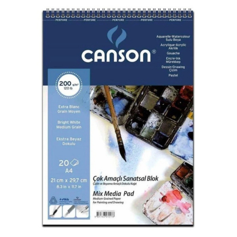 Canson Mix Media Pad Çok Amaçlı Resim Blokları 200Gr A4 20 Yaprak Spiralli