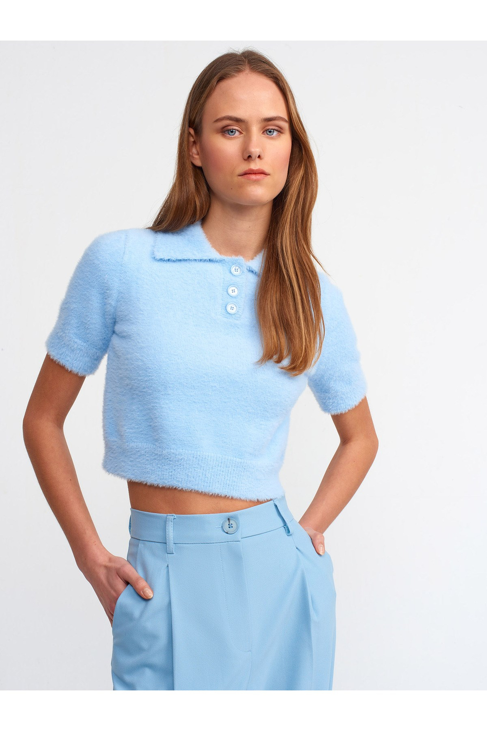 10475 Polo Yaka Düğmeli Yumuşak Dokulu Crop Kazak-mavi