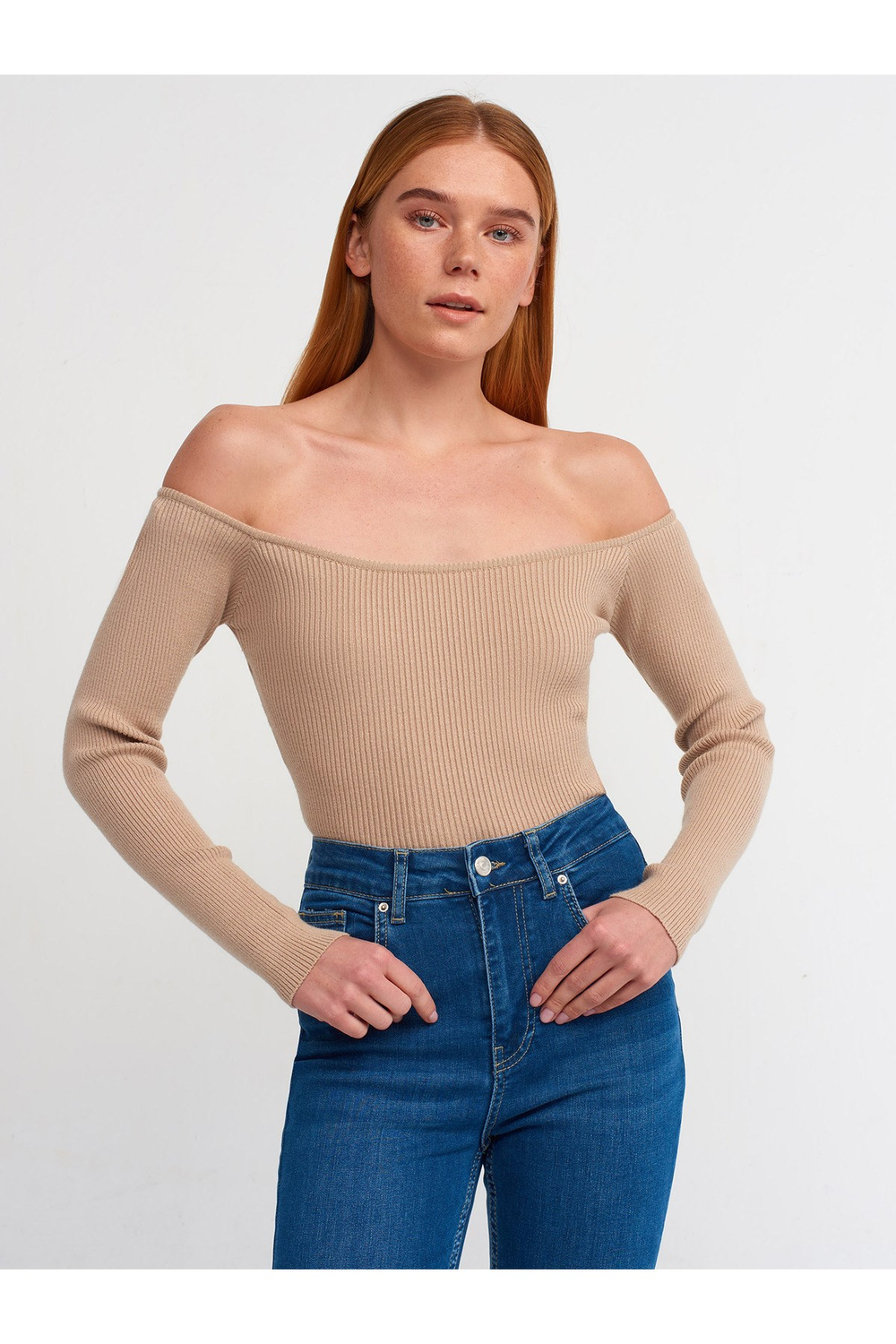 10503 Bardot Yaka Fitilli Crop Kazak-koyu Bej