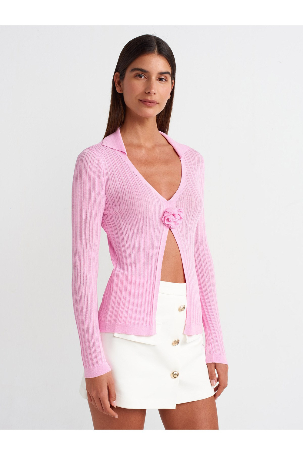 10526 Polo Yaka Çiçek Detaylı Transparan Triko Bluz-pembe