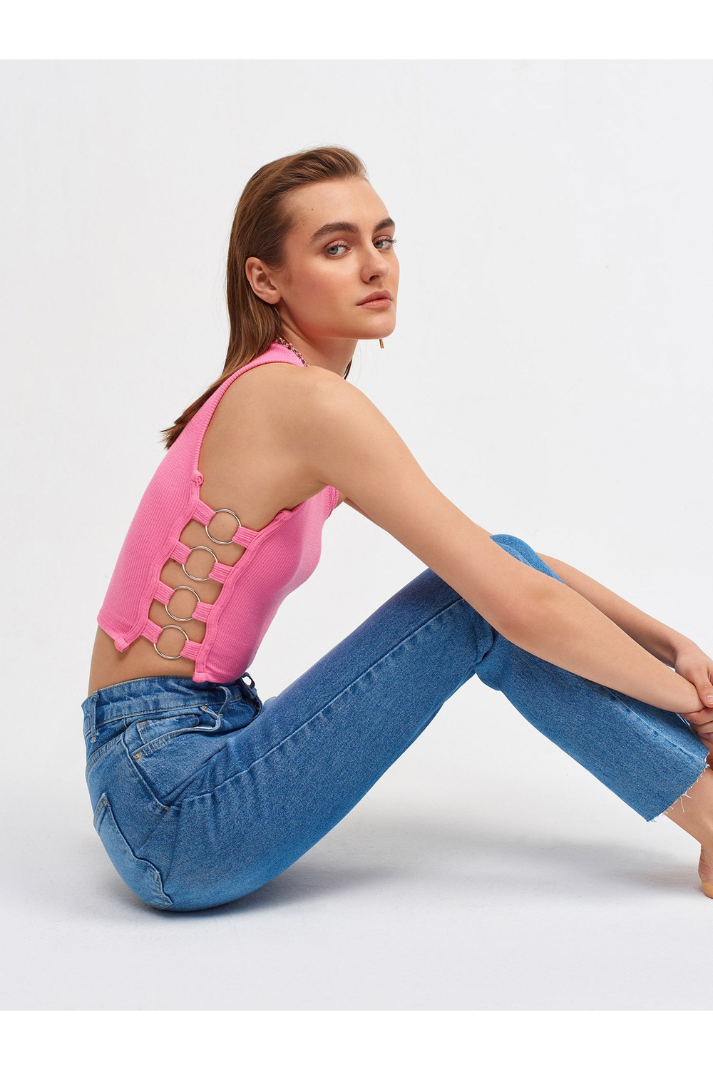 20109 Halka Detaylı Crop Top-açık Pembe