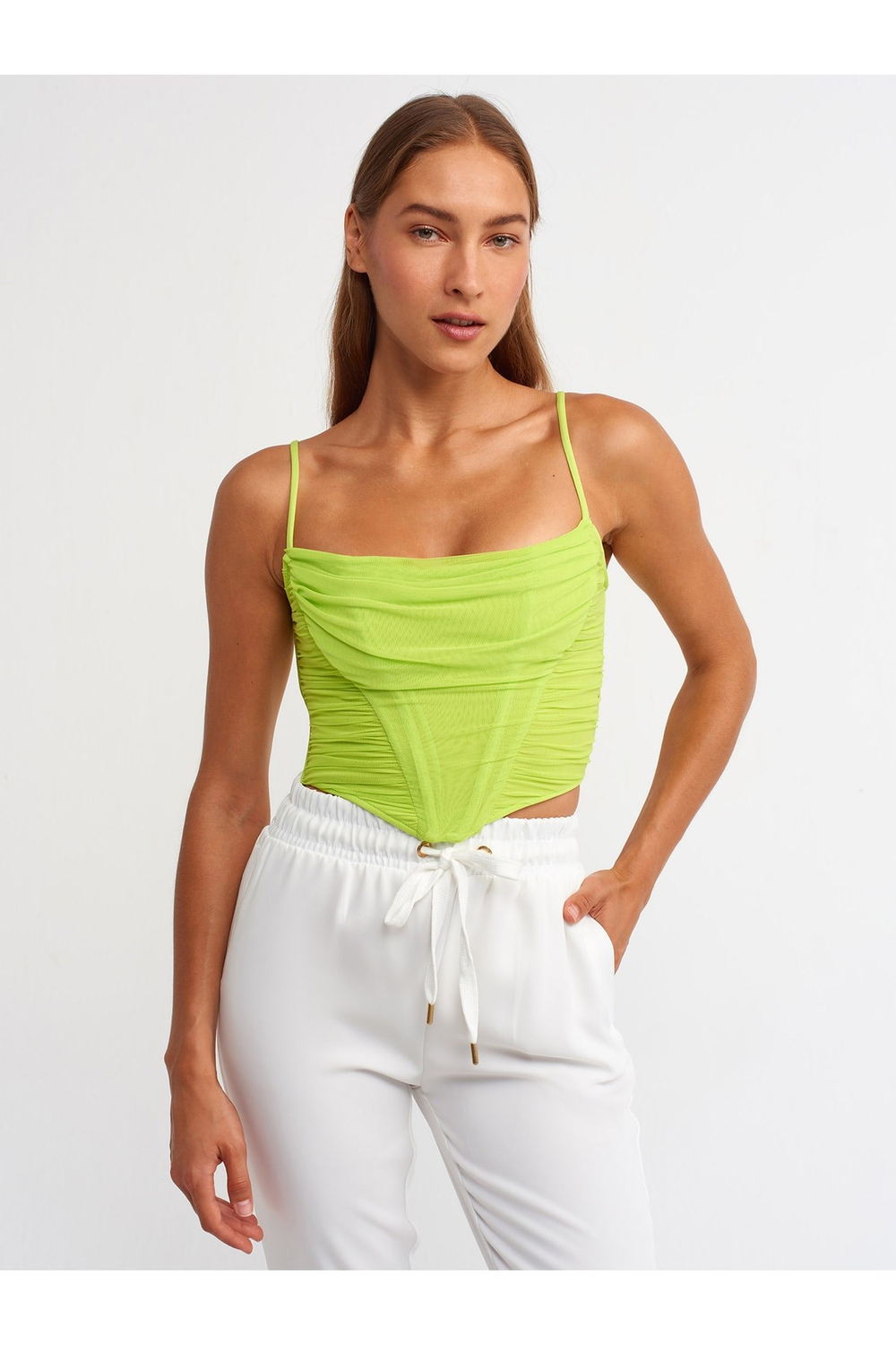 20136 Büzgülü Crop Top-lime