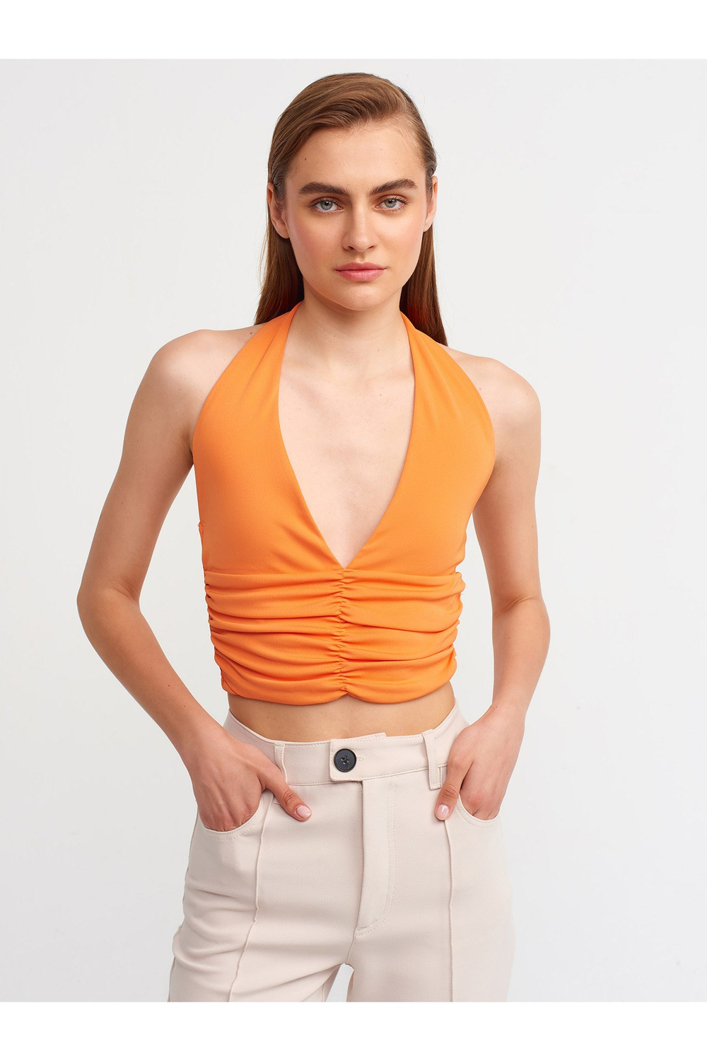 20154 Büzgü Detaylı Crop Top-turuncu