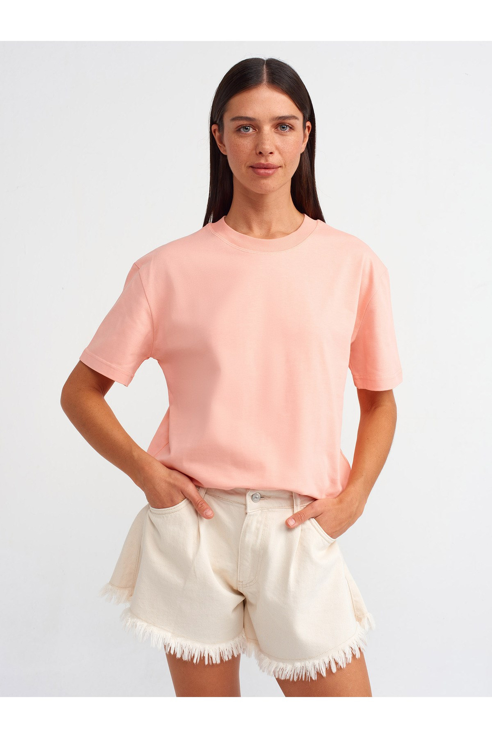 30312 Bisiklet Yaka Oversize T-shirt-Şeftali