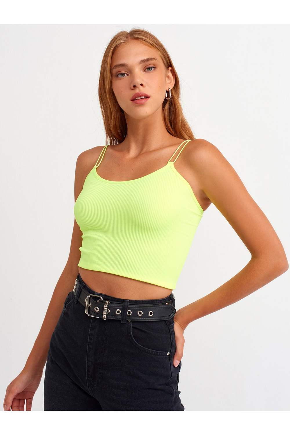 3528 Lastikli Crop Top-neon Sarı