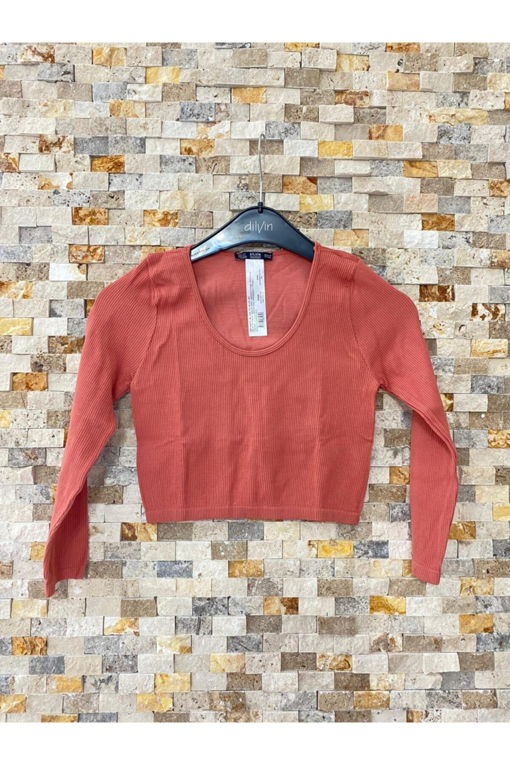 3529 Havuz Yaka Uzun Kollu Crop Top - Gül Pembe