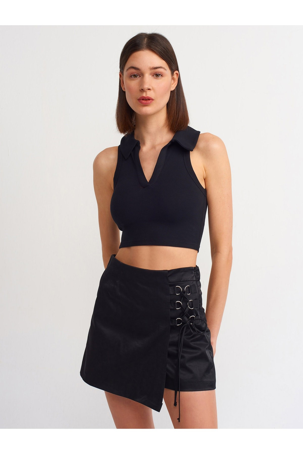 3699 Polo Yaka Crop Top-siyah