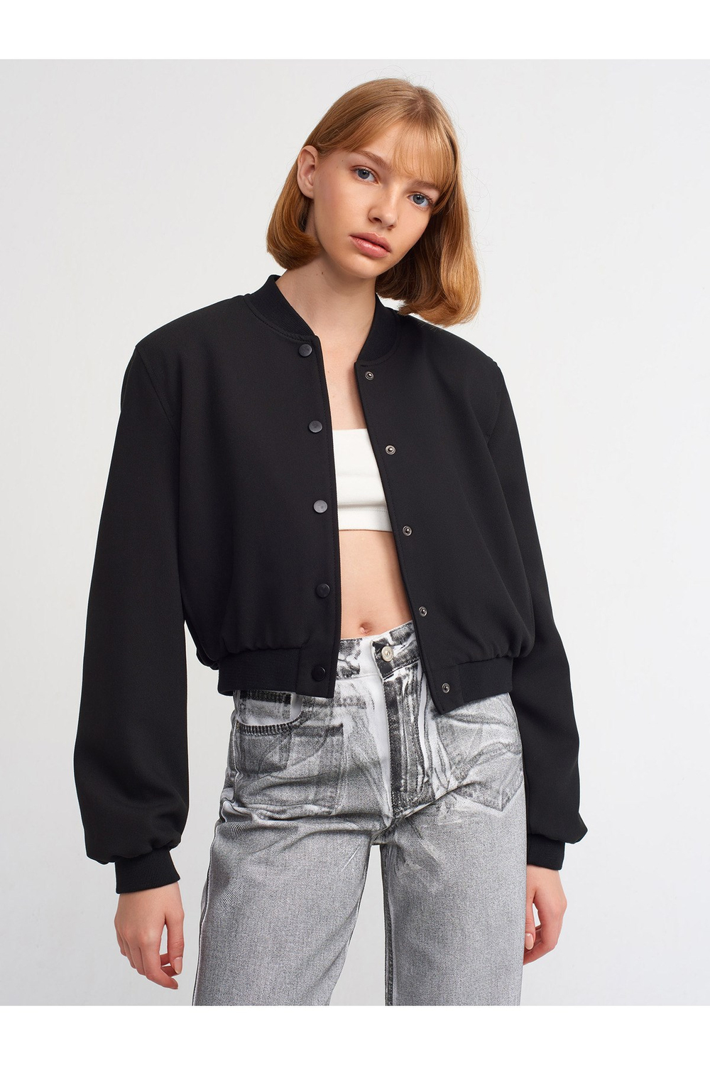 60712 Crop Bomber Ceket-Siyah