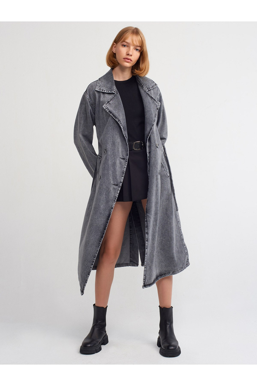 65333 Önü Düğmeli Denim Trençkot-antrasit