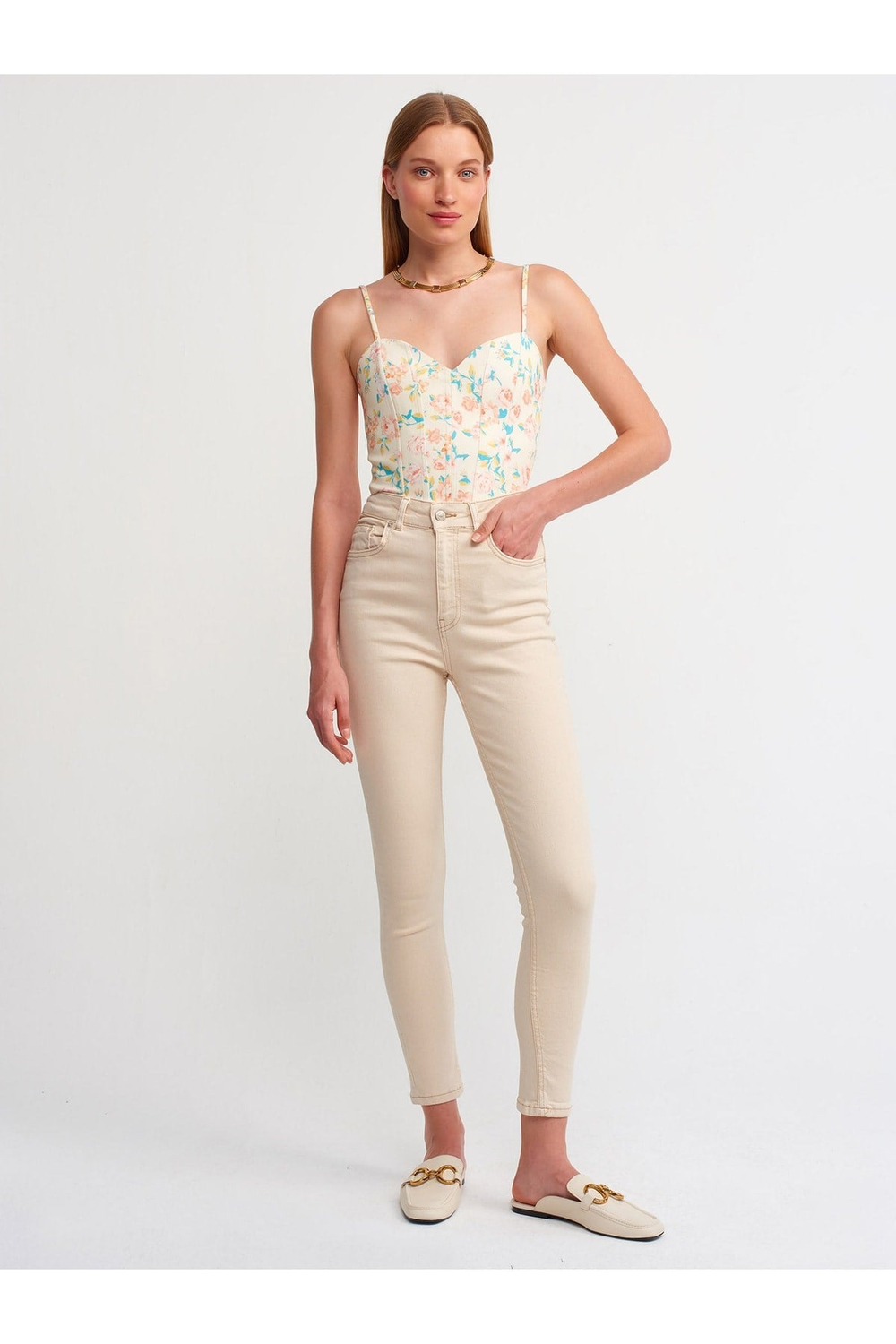 70273 Yüksek Bel Likralı Denim Pantolon-ekru