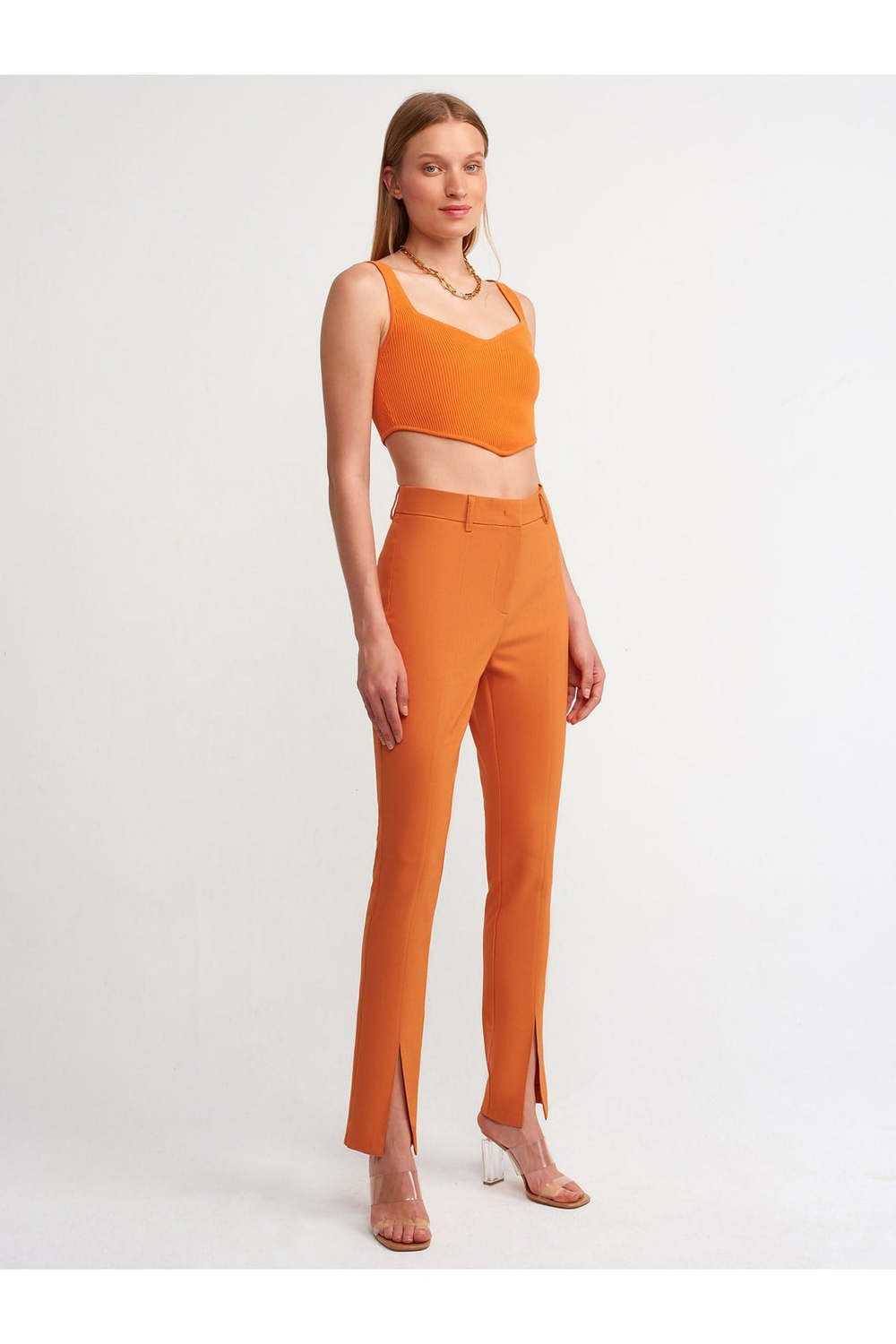 70528 Yırtmaç Detaylı Skinny Pantolon-kiremit