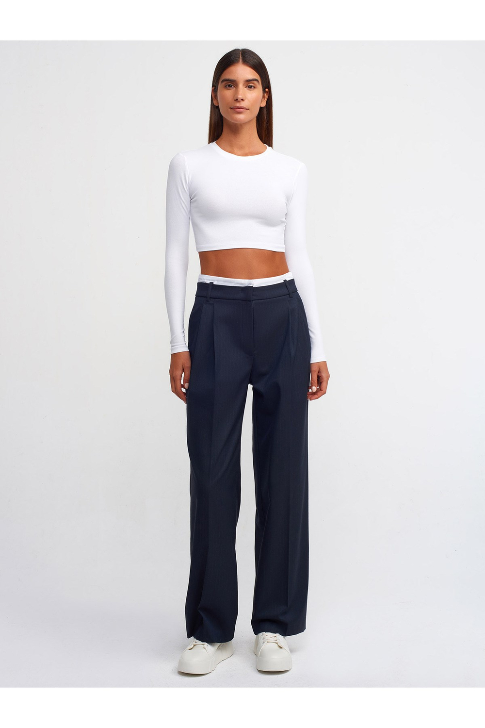 71222 Kontras Kemerli Pileli Pantolon-Lacivert