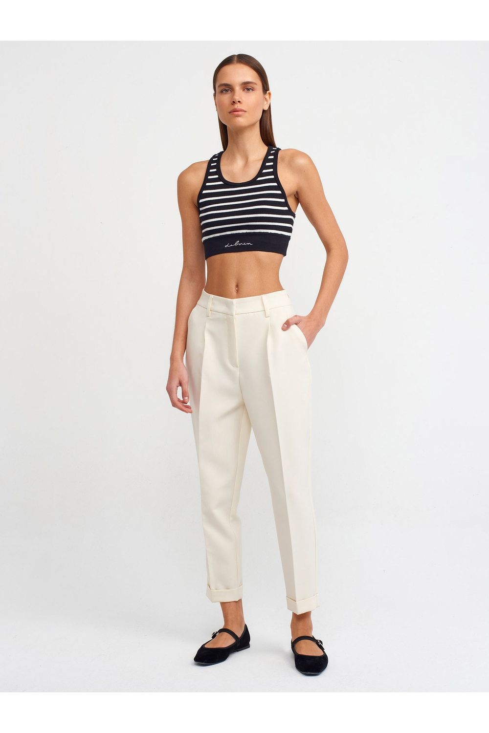 71270 Kıvrık Paça Düz Fit Pantolon-Beyaz