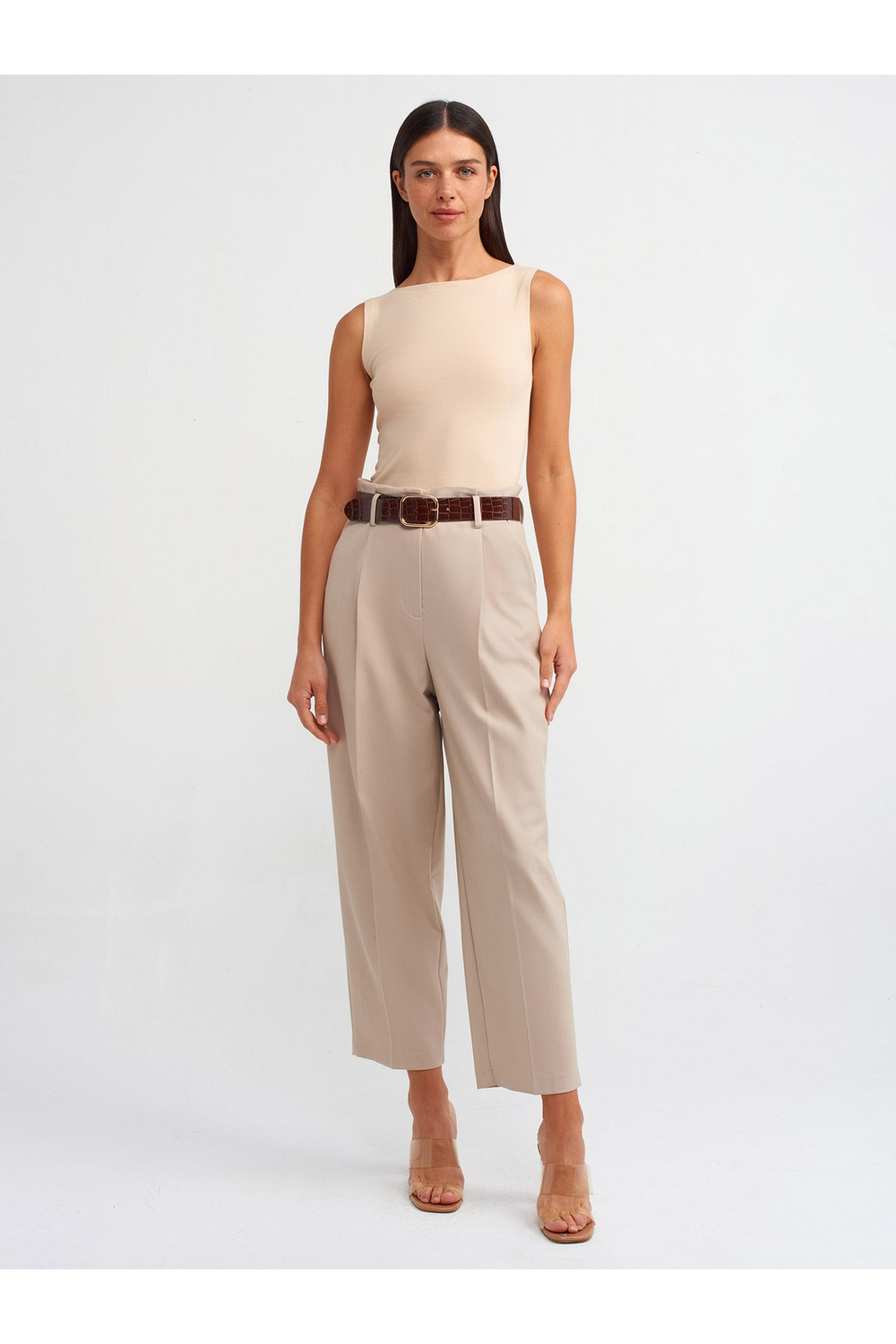71297 Kemerli Havuç Fit Pantolon-Taş