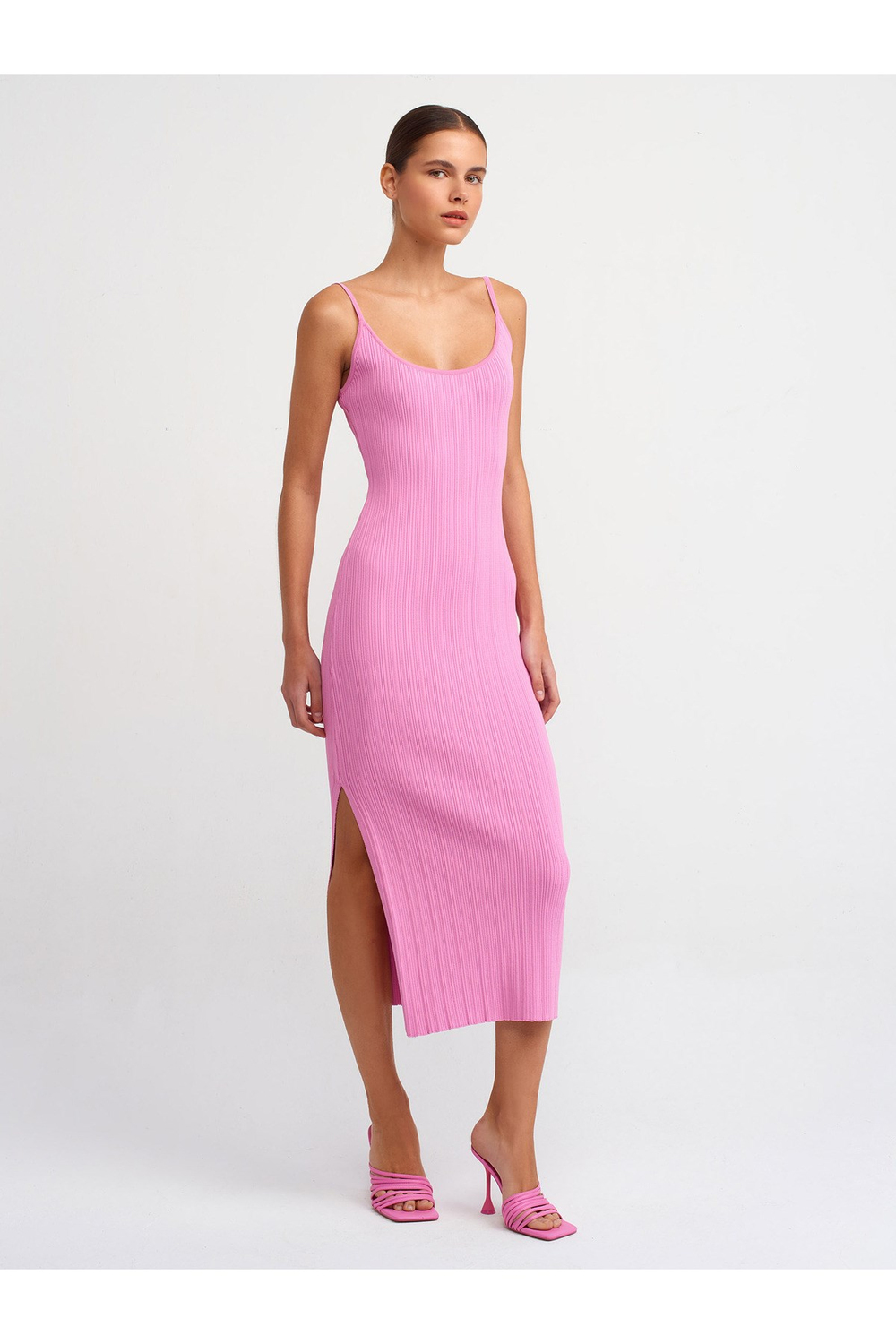 90139 Askılı Triko Elbise-Pembe