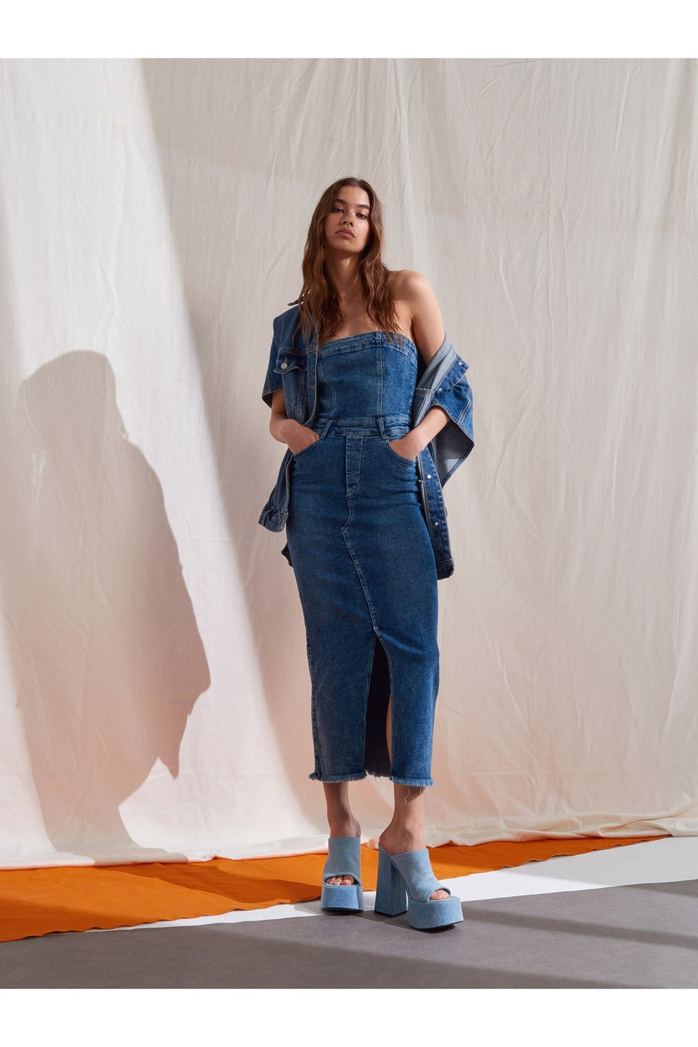 90511 Kar Yıkama Straplez Denim Elbise-Tint