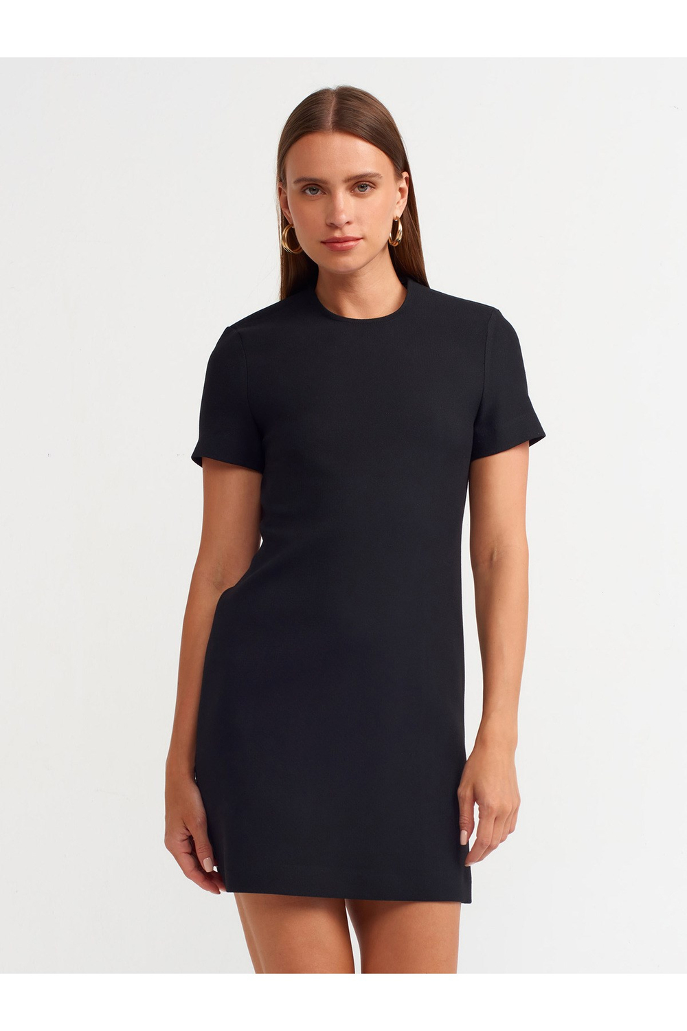 90899 Bisiklet Yaka Mini Elbise-siyah