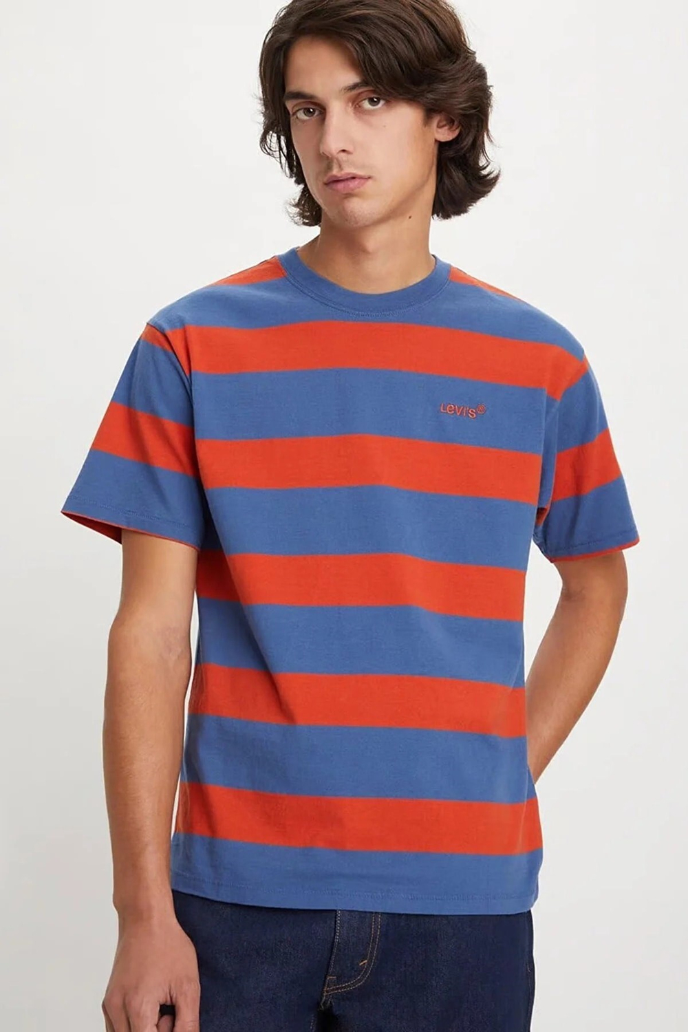 Çizgili % 100 Pamuk Relaxed Fit Bisiklet Yaka T Shirt Erkek T Shirt A0637