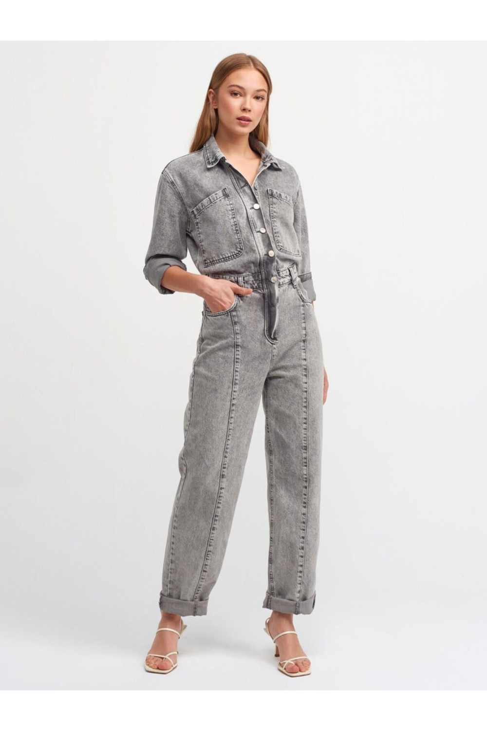 Kadın Gri Ön Bölümü Dikişli Çıtçıtlı Kot Denim Tulum Yt4320