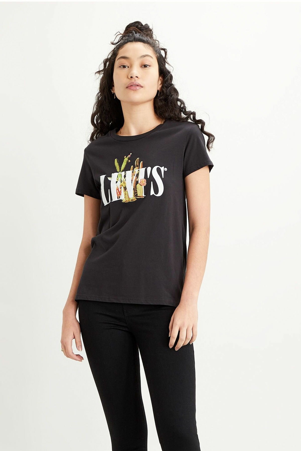 Kadın Siyah Pamuklu Baskılı Regular Fit Bisiklet Yaka  T-Shirt