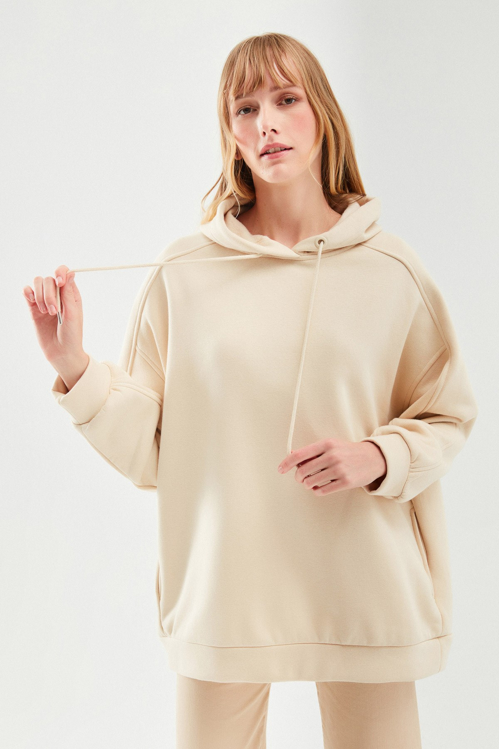 Kapüşonlu Oversize Sweatshirt Bej