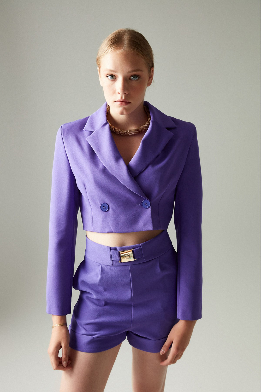 Kruvaze Crop Blazer Ceket Mor