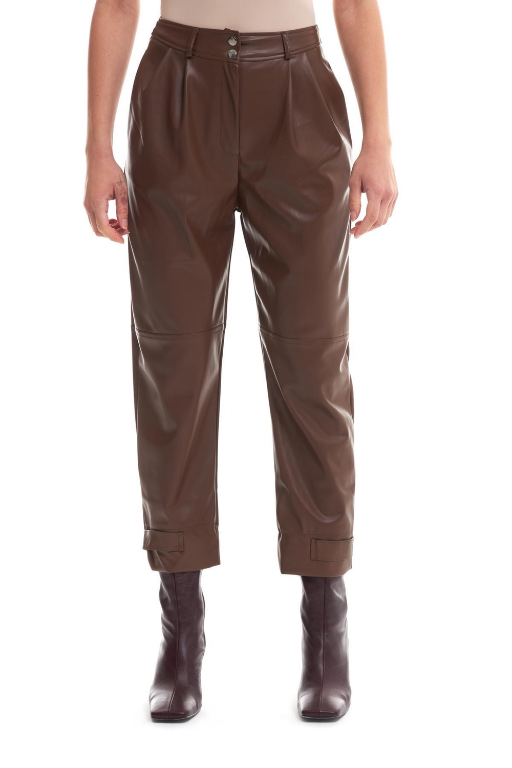 Paçası Çıtçıtlı Deri Jogger Kahverengi