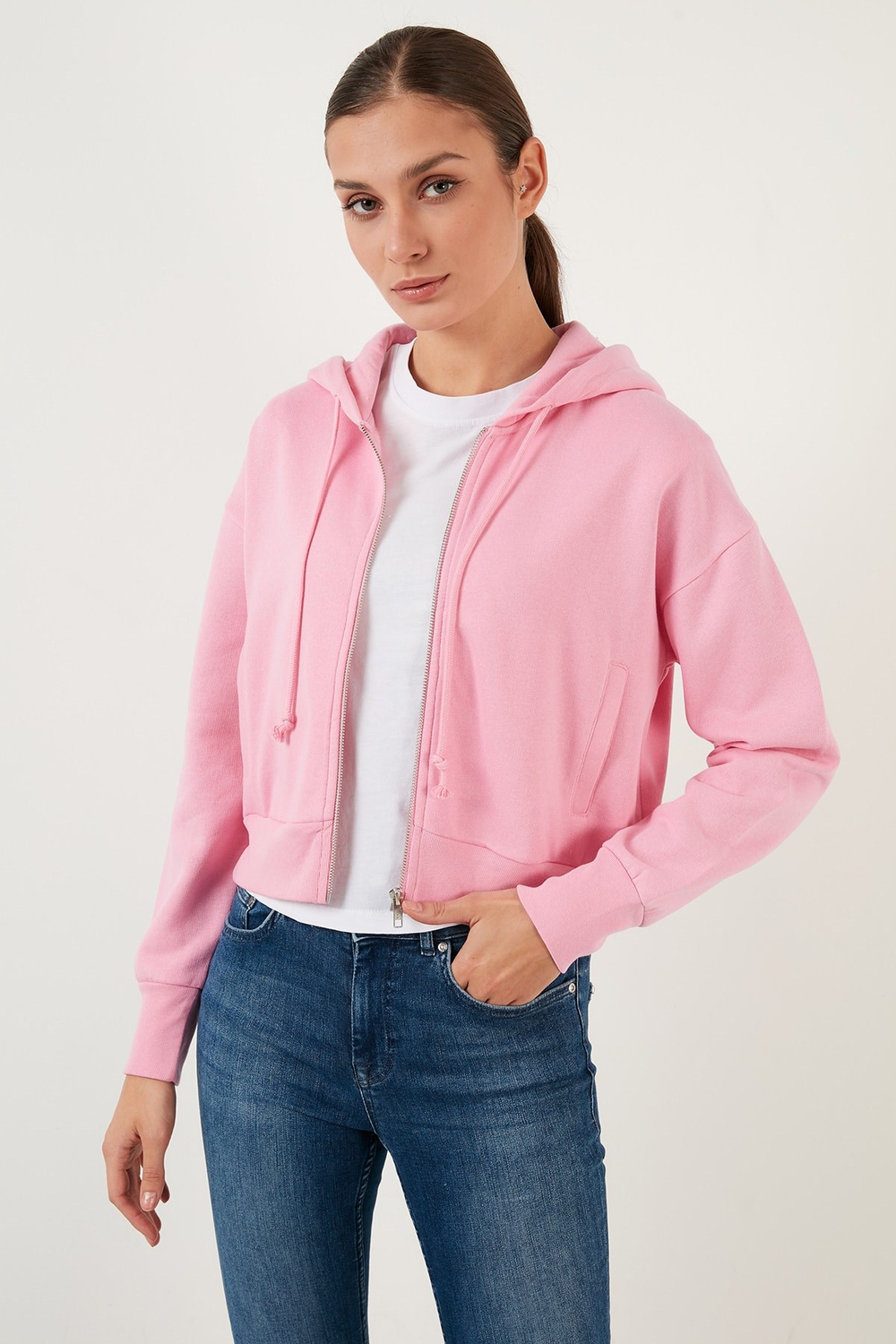 Pamuklu Fermuarlı Kapüşonlu Crop Sweat Sweat A1930