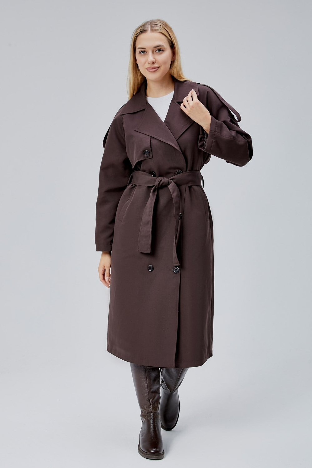 Acı Kahve Oversize Astarlı Uzun Trençkot