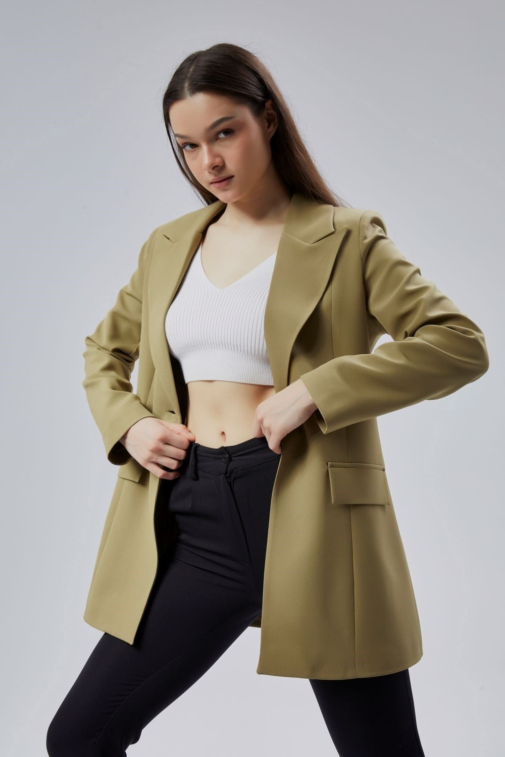 Açık Haki Kruvaze Uzun Blazer Ceket