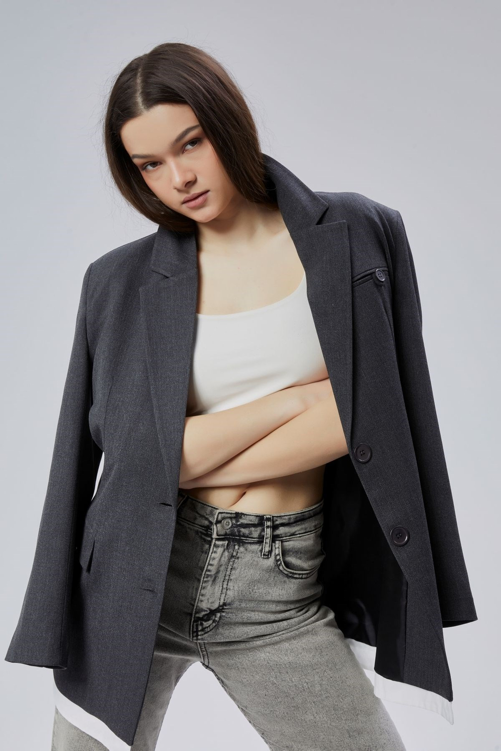 Antrasit Oversize Uzun Blazer Ceket