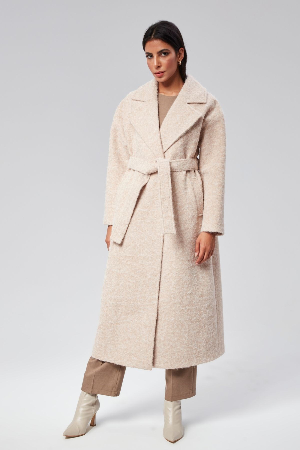 Bej Buklet Kaşe Oversize Kaban