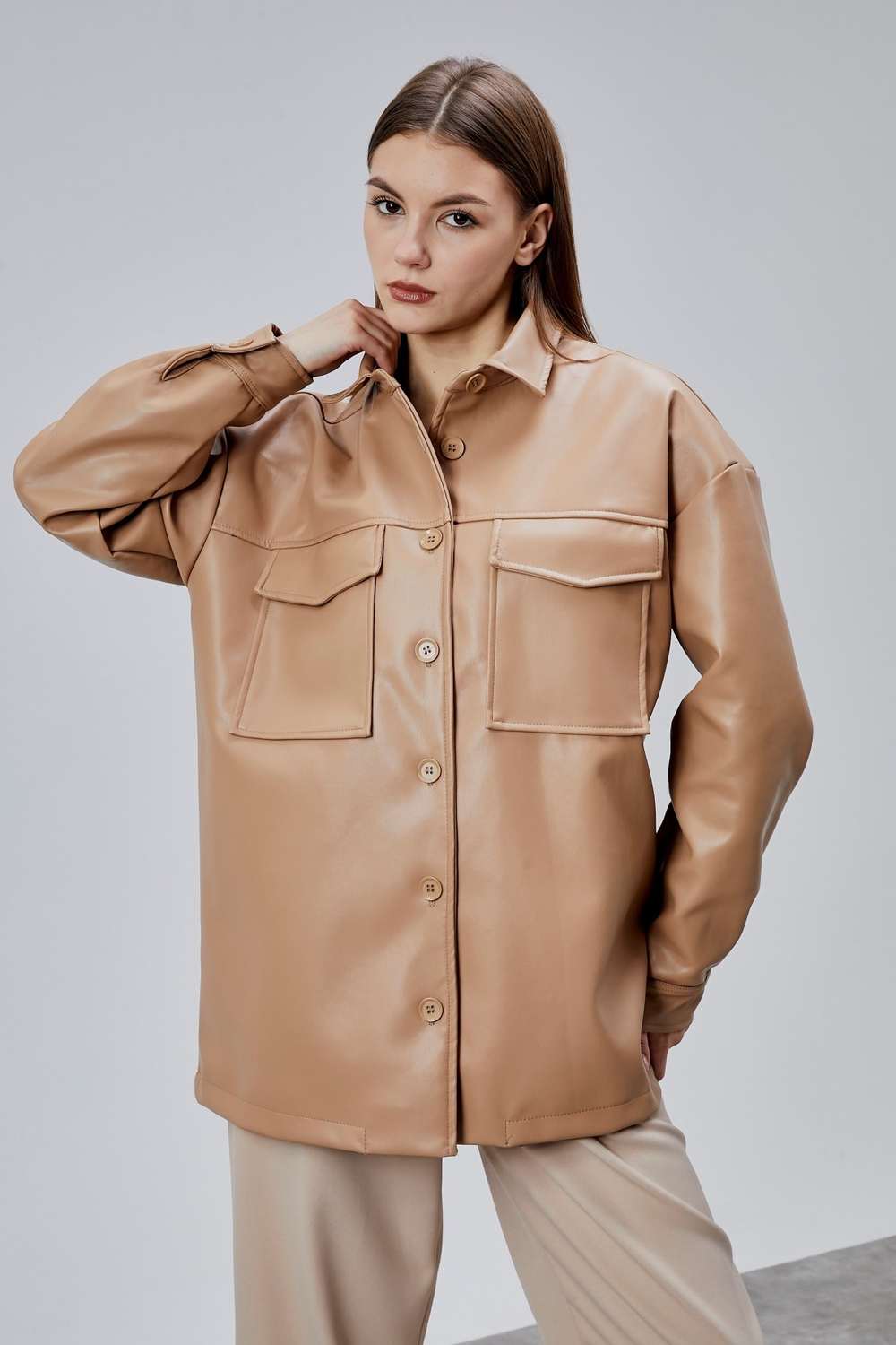 Bej Premium Oversize Astarlı Deri Ceket 