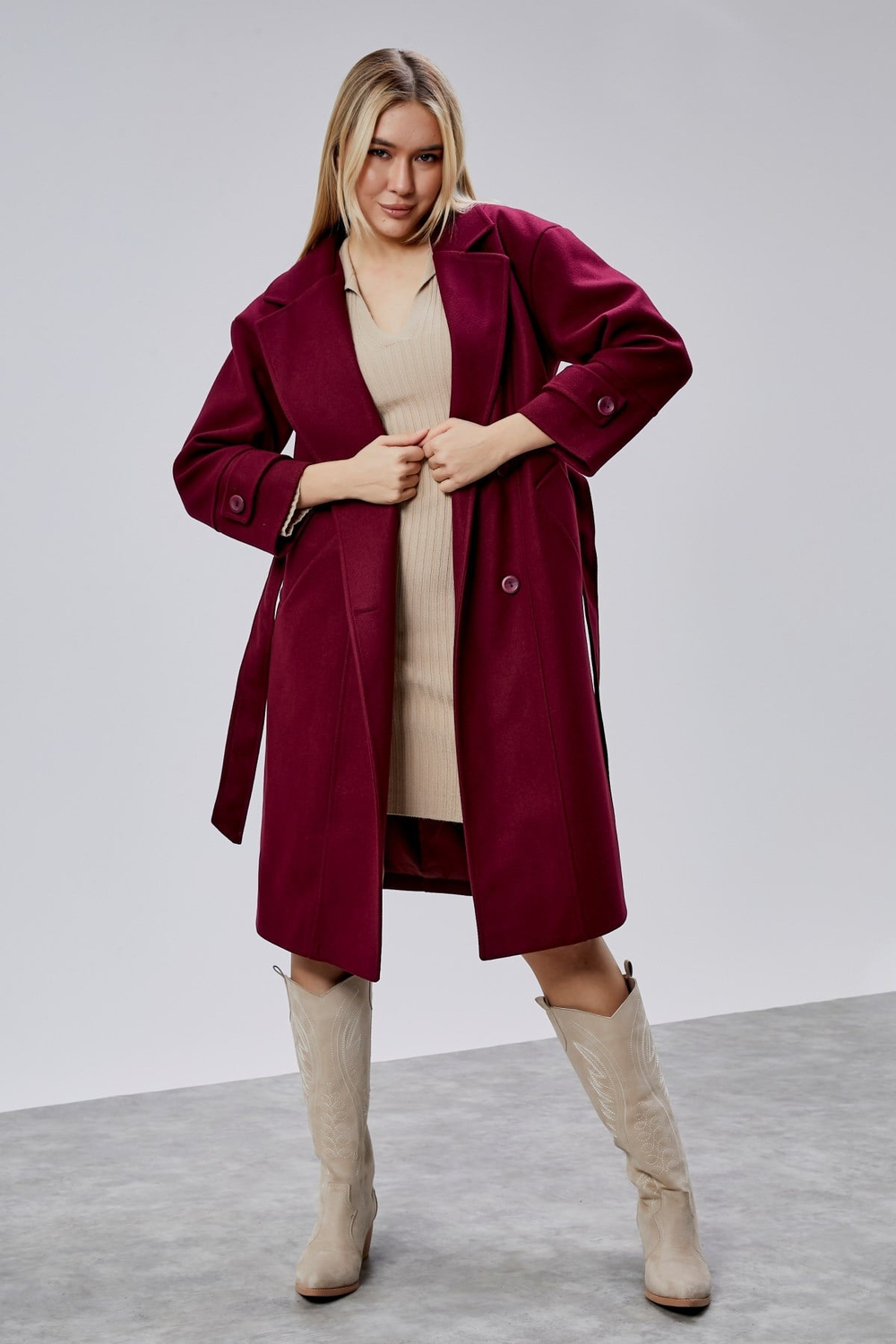 Bordo Kuşaklı Oversize Kaşe Kaban