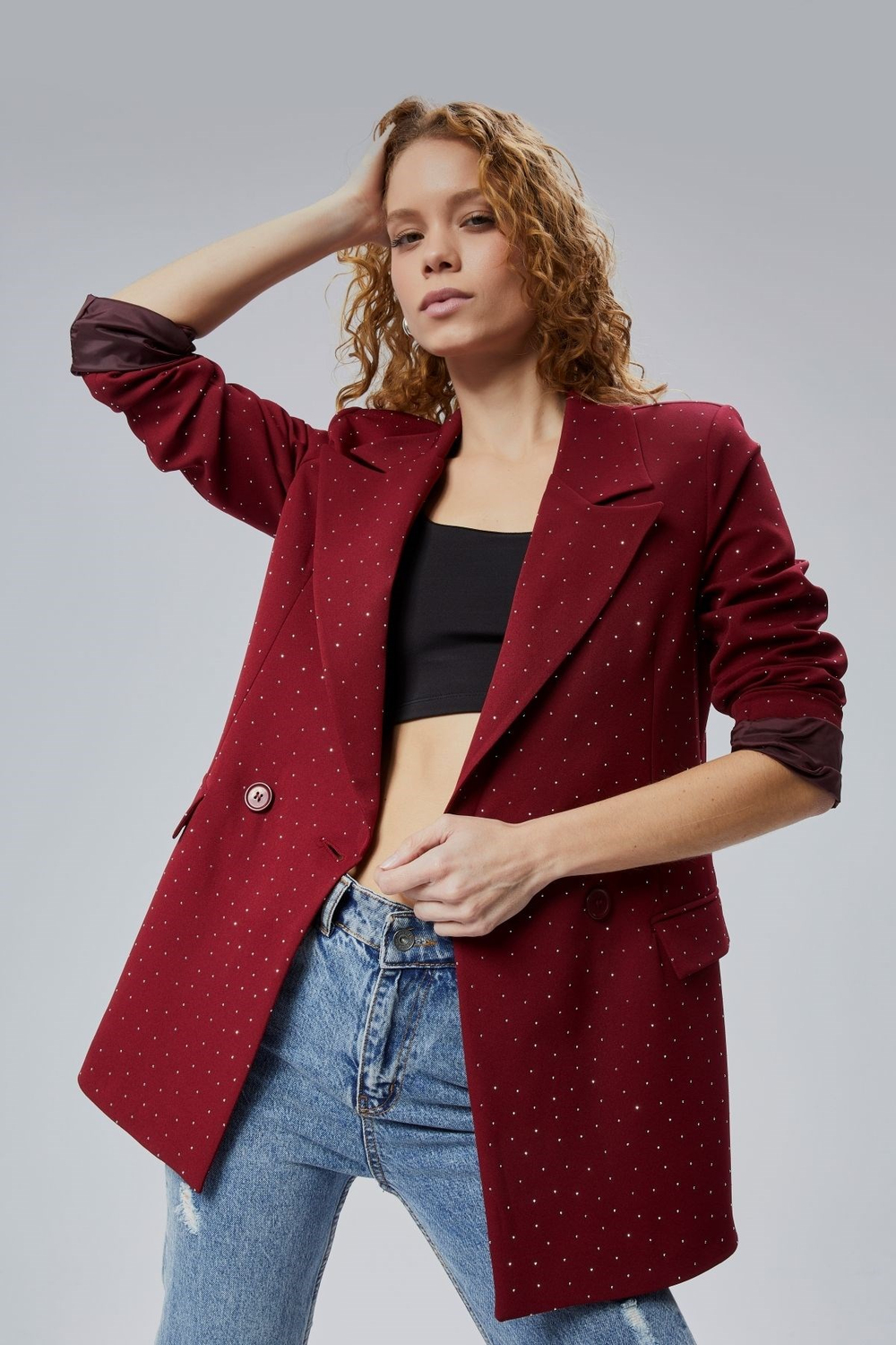 Bordo Regular Dokuma Astarlı Taş Detaylı Blazer Ceket