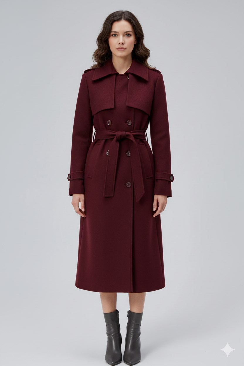 Bordo Regular Rüzgarlık Detaylı Kaşe Kaban