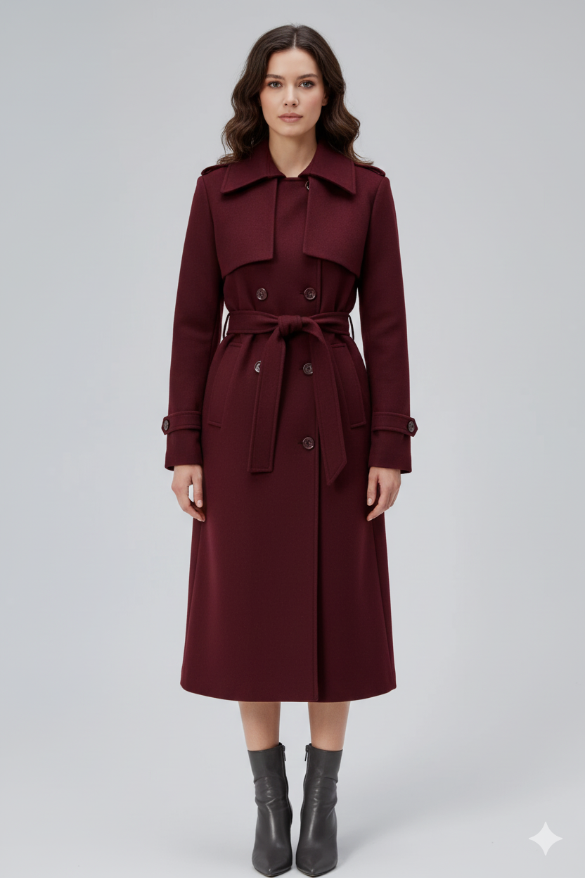 Bordo Regular Rüzgarlık Detaylı Kaşe Kaban