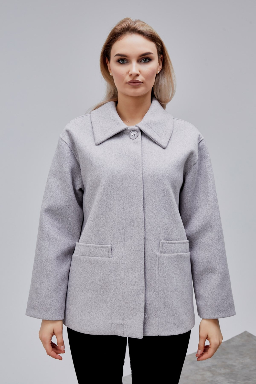 Camille Gri Oversize Cep Detaylı Astarlı Kaşe Ceket