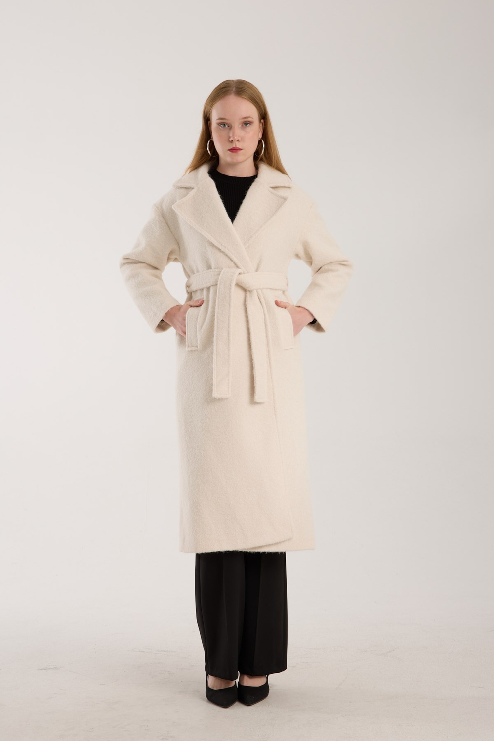 Ekru Buklet Kaşe Oversize Kaban 
