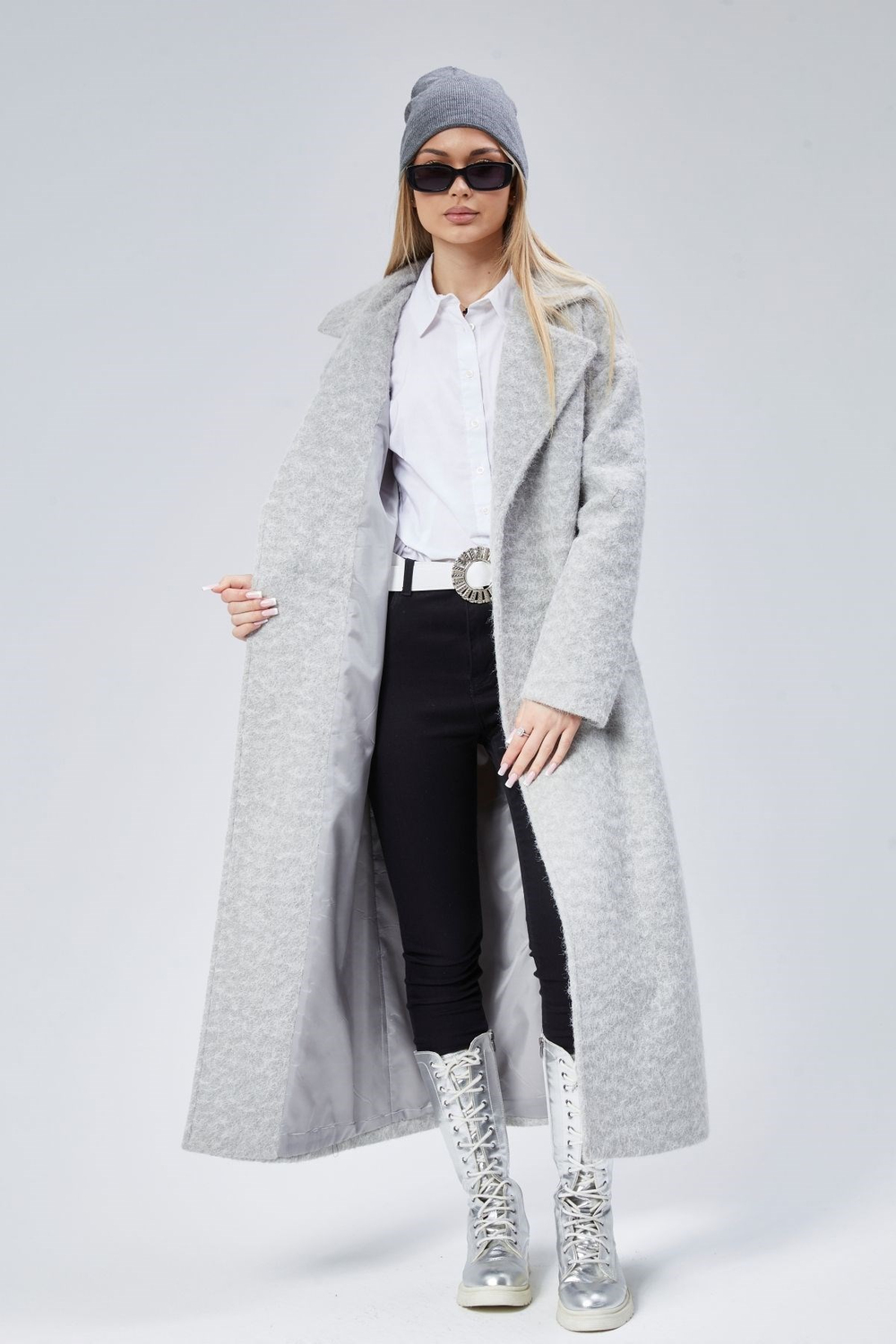 Gri Buklet Kaşe Oversize Kaban
