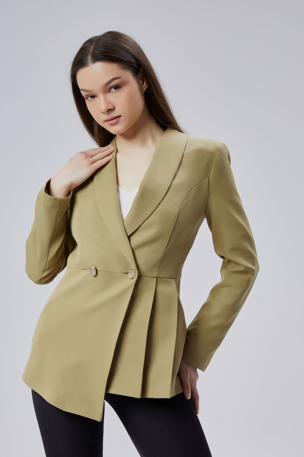 Haki Regular Fit Pile Detaylı Blazer Ceket