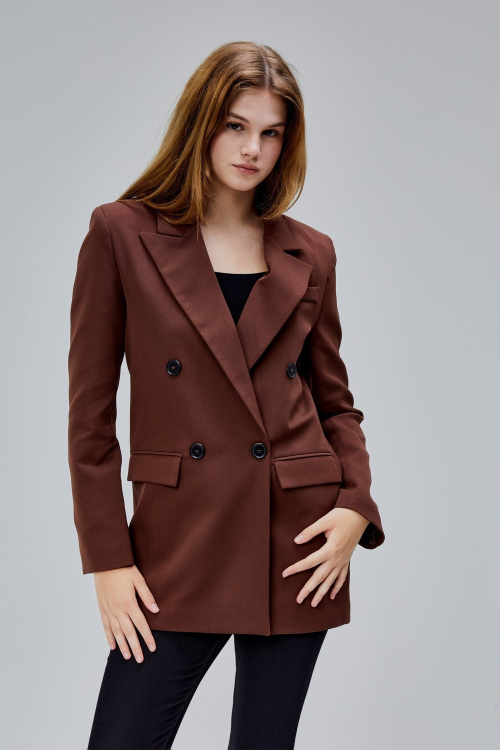 Kahverengi Regular Astarlı Kruvaze Kapama Dokuma Oversize Blazer Ceket