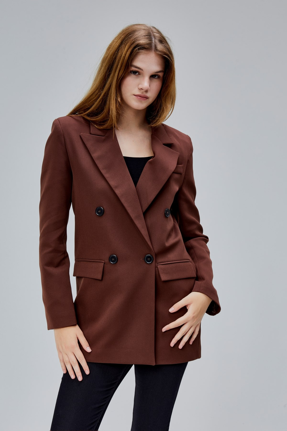 Kahverengi Regular Astarlı Kruvaze Kapama Dokuma Oversize Blazer Ceket