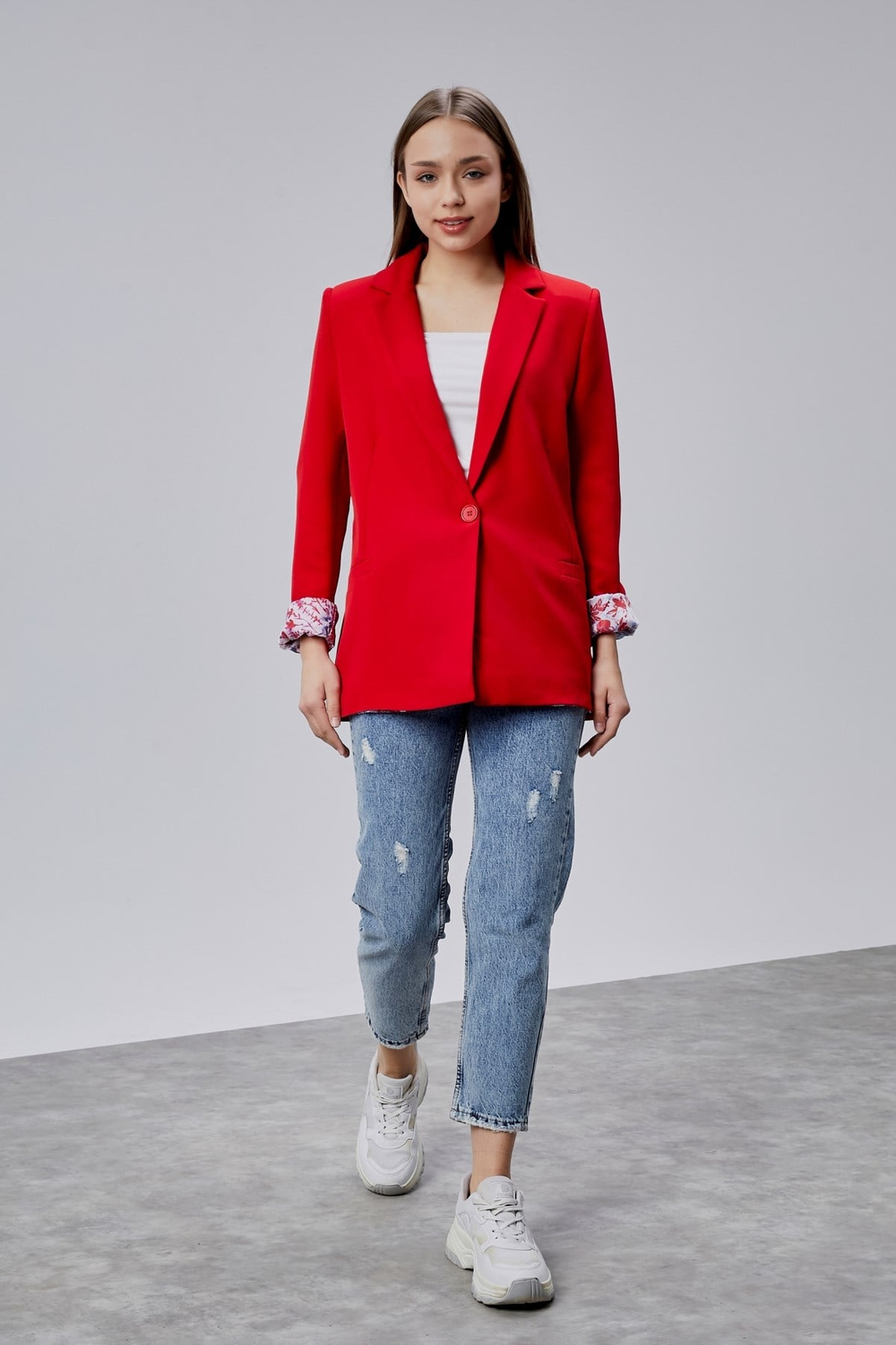 Kırmızı Kruvaze Yaka Kolu Katlama Detaylı Regular Vatkalı Blazer Ceket