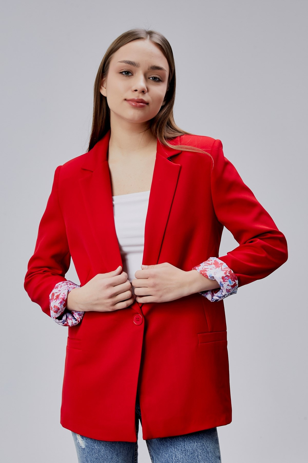 Kırmızı Kruvaze Yaka Kolu Katlama Detaylı Regular Vatkalı Blazer Ceket