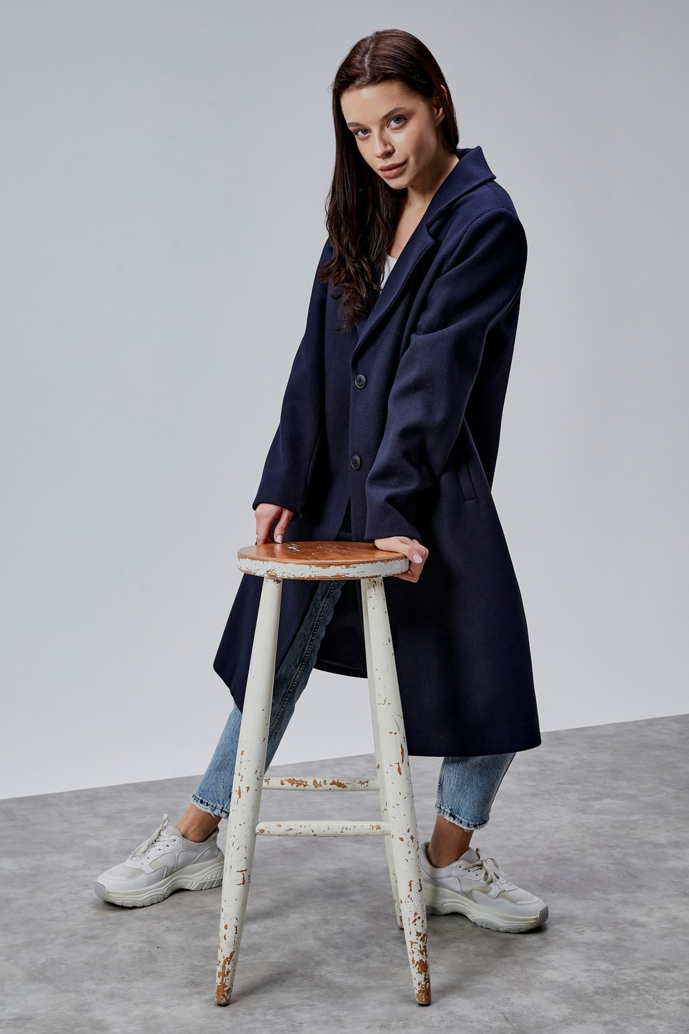 Rosalia Lacivert Oversize Kruvaze Kaşe Kaban