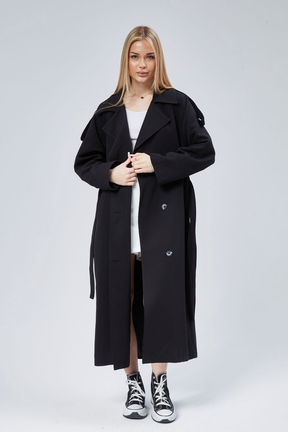 Siyah Oversize Astarlı Uzun Trençkot
