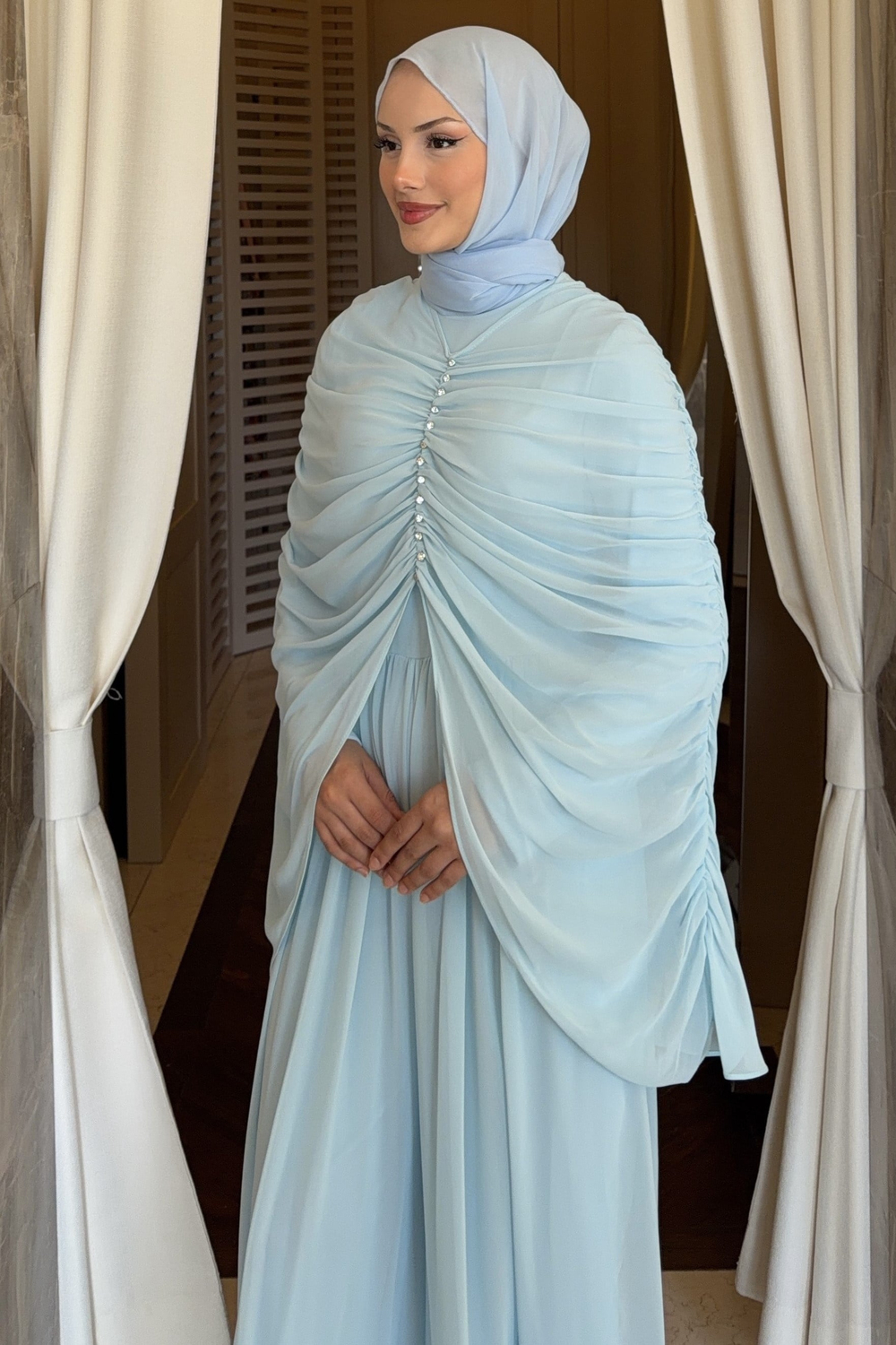 Aura Pelerin Detaylı Şifon Tulum Bebe Mavisi