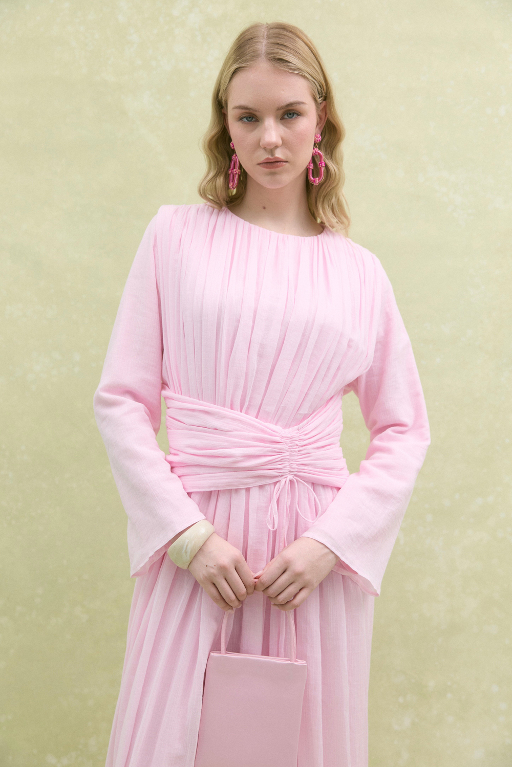 Büzgü Detaylı Bağlamalı Elbise Soft Pembe