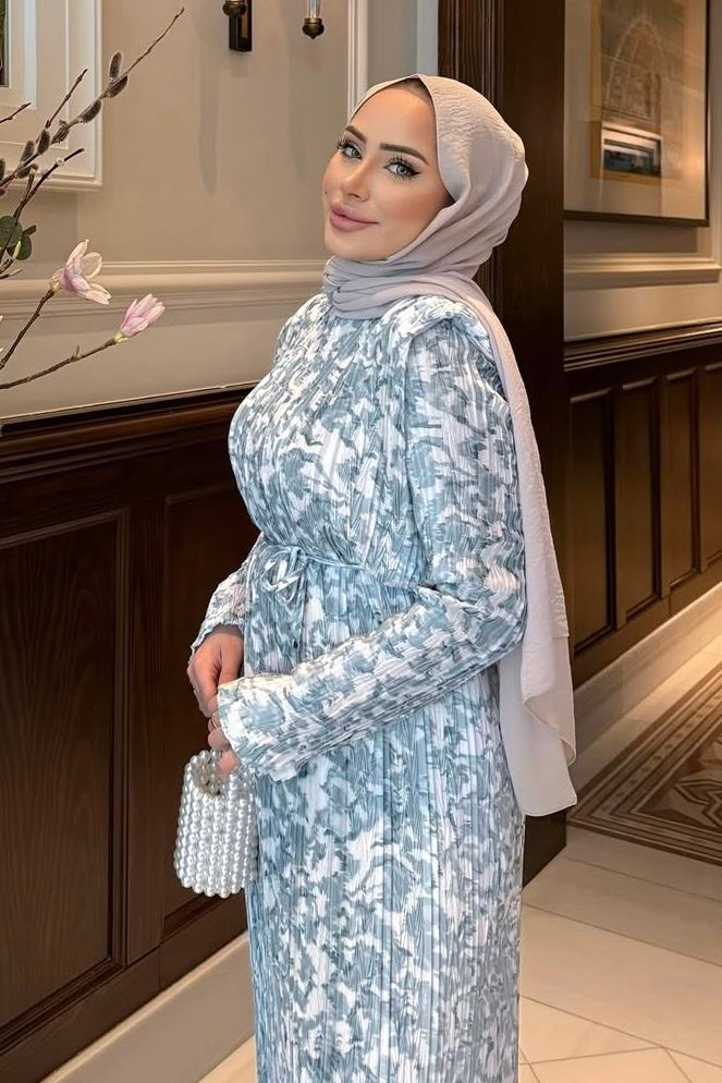 Desenli Piliseli Saten Elbise Bebe Mavisi